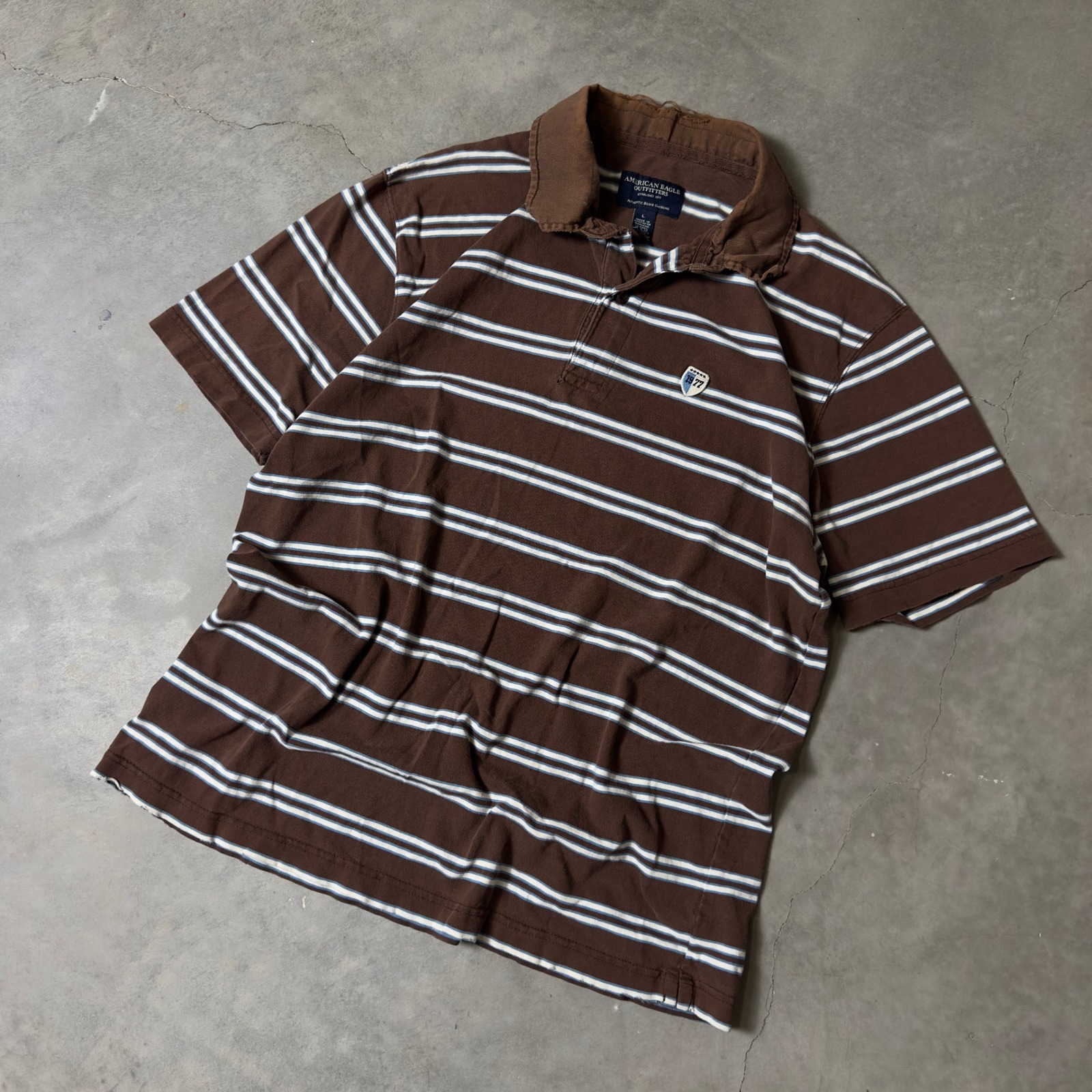 Vintage American Eagle Polo Shirt Mens Large Brown Striped Y2k Streetwear 90s